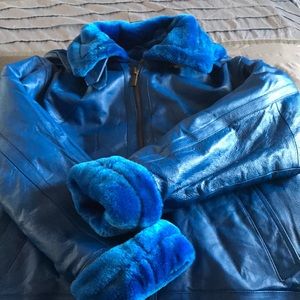 Blue leather jacket fake fur inside